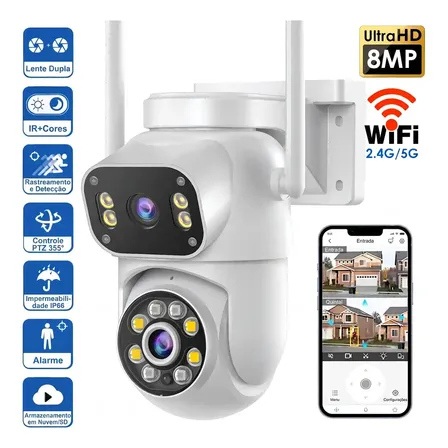 Câmera de vigilância externa Mvpsmart 360° PTZ Wi-Fi 8 MP Full HD - Alarme sonoro/luz, detecção de movimento, visão noturna IP66, áudio bidirecional, armazenamento em cartão SD/na nuvem