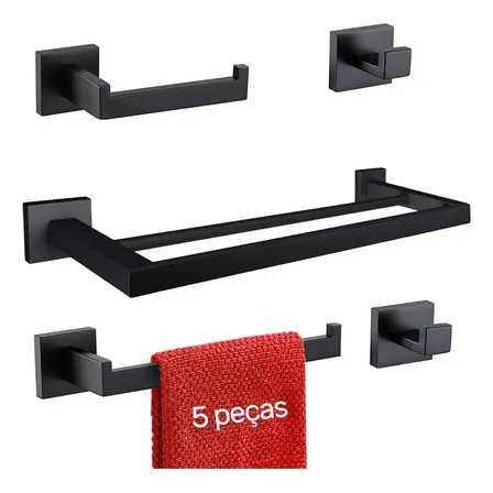 Kit 5 Acessórios Banheiro Inox 304 Toalheiro Duplo Genérica Kit5 60cm cor preto