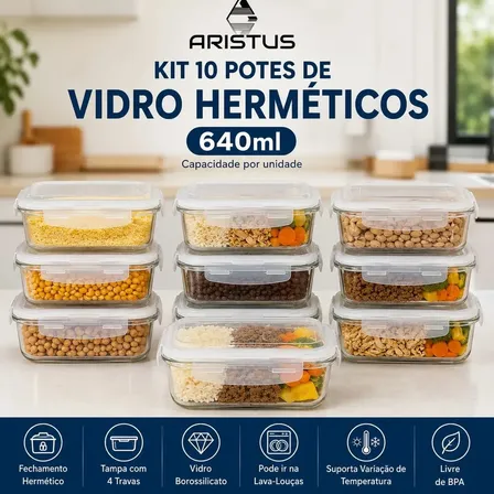 Kit 10 Potes Vidro Hermético Aristus 640ml Marmita Anti Vazamento Forno Micro-ondas Freezer Tampa 4 Travas - Branco