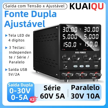 Fonte de Bancada Nice-Power Bipolar Simétrica Dupla 30V 5A para Laboratório